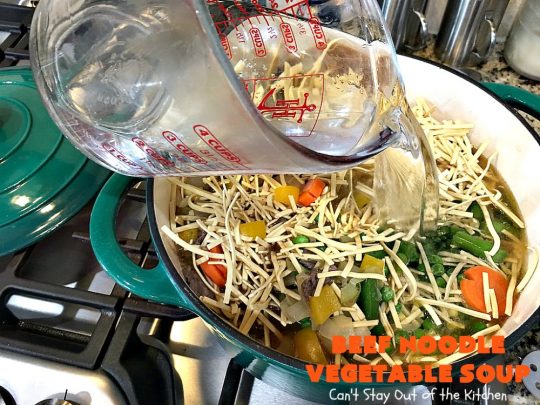 Beef Noodle Vegetable Soup | Can't Stay Out of the Kitchen | this fantastic #soup uses my favorite #Amish #noodles, #StewBeef & lots of #veggies. The seasonings make the taste awesome. It's terrific comfort food for #fall or winter meals. Our company loved this #recipe. #AmishNoodles #carrots #peas #corn #GreenBeans #beef #BeefNoodleVegetableSoup
