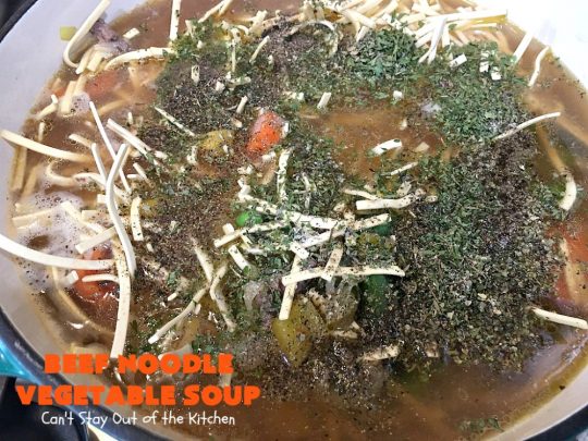 Beef Noodle Vegetable Soup | Can't Stay Out of the Kitchen | this fantastic #soup uses my favorite #Amish #noodles, #StewBeef & lots of #veggies. The seasonings make the taste awesome. It's terrific comfort food for #fall or winter meals. Our company loved this #recipe. #AmishNoodles #carrots #peas #corn #GreenBeans #beef #BeefNoodleVegetableSoup