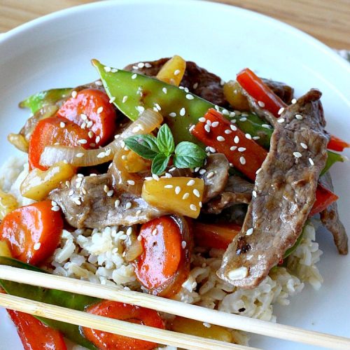 Beef Pineapple Stir Fry | Can't Stay Out of the Kitchen | this mouthwatering #beef entree is wonderful for weeknight dinners. Along with rice, it's a complete meal & it doesn't take all that long to make. We served it for company & they loved it! #Asian #pineapple #StirFry #GlutenFree #carrots #SnowPeas #BeefPineappleStirFry