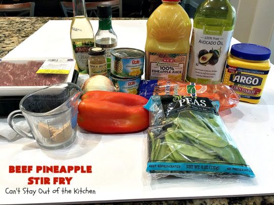 Beef Pineapple Stir Fry | Can't Stay Out of the Kitchen | this mouthwatering #beef entree is wonderful for weeknight dinners. Along with rice, it's a complete meal & it doesn't take all that long to make. We served it for company & they loved it! #Asian #pineapple #StirFry #GlutenFree #carrots #SnowPeas #BeefPineappleStirFry