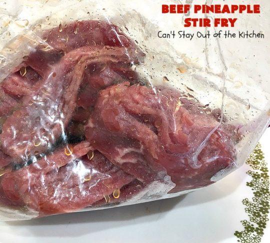 Beef Pineapple Stir Fry | Can't Stay Out of the Kitchen | this mouthwatering #beef entree is wonderful for weeknight dinners. Along with rice, it's a complete meal & it doesn't take all that long to make. We served it for company & they loved it! #Asian #pineapple #StirFry #GlutenFree #carrots #SnowPeas #BeefPineappleStirFry