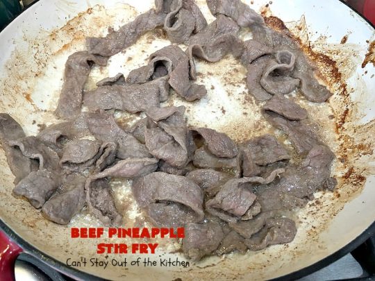 Beef Pineapple Stir Fry | Can't Stay Out of the Kitchen | this mouthwatering #beef entree is wonderful for weeknight dinners. Along with rice, it's a complete meal & it doesn't take all that long to make. We served it for company & they loved it! #Asian #pineapple #StirFry #GlutenFree #carrots #SnowPeas #BeefPineappleStirFry