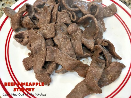 Beef Pineapple Stir Fry | Can't Stay Out of the Kitchen | this mouthwatering #beef entree is wonderful for weeknight dinners. Along with rice, it's a complete meal & it doesn't take all that long to make. We served it for company & they loved it! #Asian #pineapple #StirFry #GlutenFree #carrots #SnowPeas #BeefPineappleStirFry