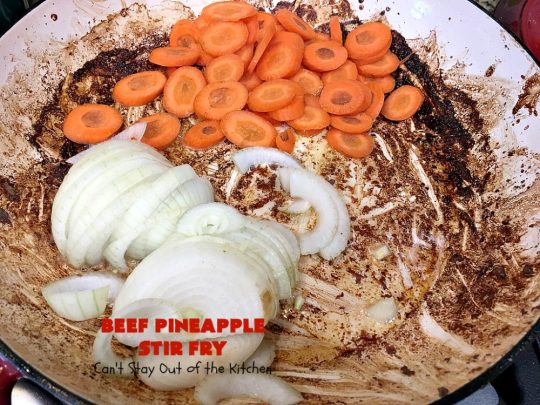 Beef Pineapple Stir Fry | Can't Stay Out of the Kitchen | this mouthwatering #beef entree is wonderful for weeknight dinners. Along with rice, it's a complete meal & it doesn't take all that long to make. We served it for company & they loved it! #Asian #pineapple #StirFry #GlutenFree #carrots #SnowPeas #BeefPineappleStirFry