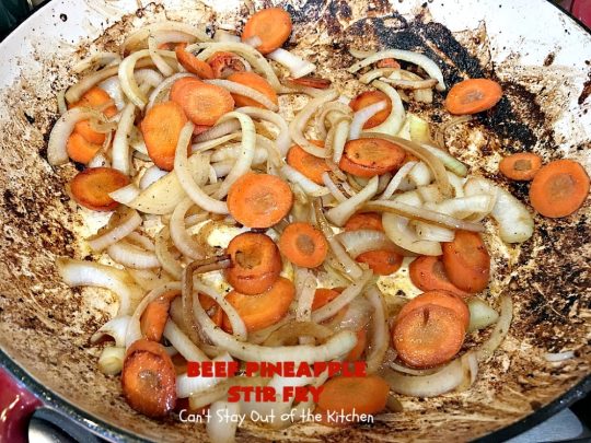 Beef Pineapple Stir Fry | Can't Stay Out of the Kitchen | this mouthwatering #beef entree is wonderful for weeknight dinners. Along with rice, it's a complete meal & it doesn't take all that long to make. We served it for company & they loved it! #Asian #pineapple #StirFry #GlutenFree #carrots #SnowPeas #BeefPineappleStirFry
