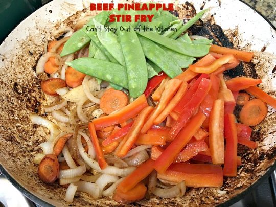 Beef Pineapple Stir Fry | Can't Stay Out of the Kitchen | this mouthwatering #beef entree is wonderful for weeknight dinners. Along with rice, it's a complete meal & it doesn't take all that long to make. We served it for company & they loved it! #Asian #pineapple #StirFry #GlutenFree #carrots #SnowPeas #BeefPineappleStirFry