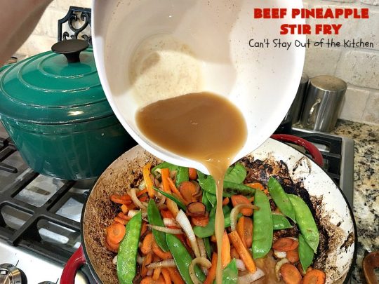 Beef Pineapple Stir Fry | Can't Stay Out of the Kitchen | this mouthwatering #beef entree is wonderful for weeknight dinners. Along with rice, it's a complete meal & it doesn't take all that long to make. We served it for company & they loved it! #Asian #pineapple #StirFry #GlutenFree #carrots #SnowPeas #BeefPineappleStirFry