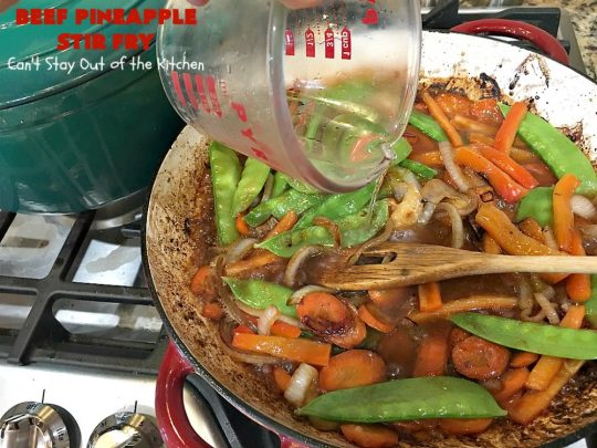Beef Pineapple Stir Fry | Can't Stay Out of the Kitchen | this mouthwatering #beef entree is wonderful for weeknight dinners. Along with rice, it's a complete meal & it doesn't take all that long to make. We served it for company & they loved it! #Asian #pineapple #StirFry #GlutenFree #carrots #SnowPeas #BeefPineappleStirFry