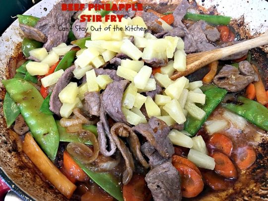 Beef Pineapple Stir Fry | Can't Stay Out of the Kitchen | this mouthwatering #beef entree is wonderful for weeknight dinners. Along with rice, it's a complete meal & it doesn't take all that long to make. We served it for company & they loved it! #Asian #pineapple #StirFry #GlutenFree #carrots #SnowPeas #BeefPineappleStirFry