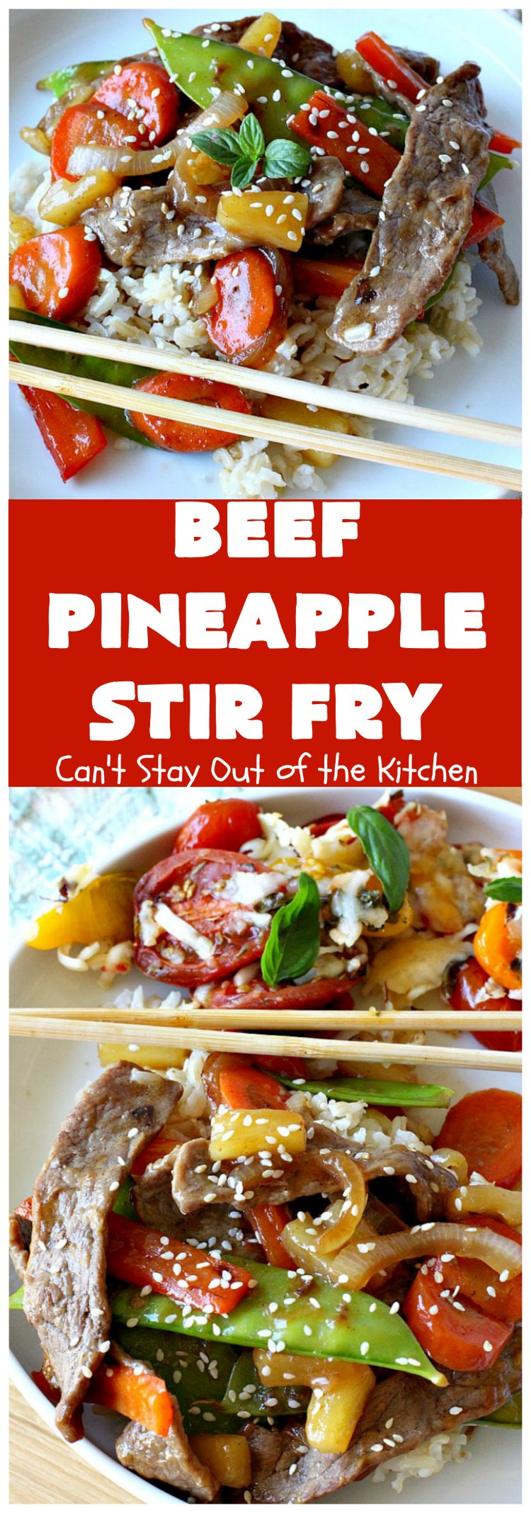Beef Pineapple Stir Fry | Can't Stay Out of the Kitchen | this mouthwatering #beef entree is wonderful for weeknight dinners. Along with rice, it's a complete meal & it doesn't take all that long to make. We served it for company & they loved it! #Asian #pineapple #StirFry #GlutenFree #carrots #SnowPeas #BeefPineappleStirFry