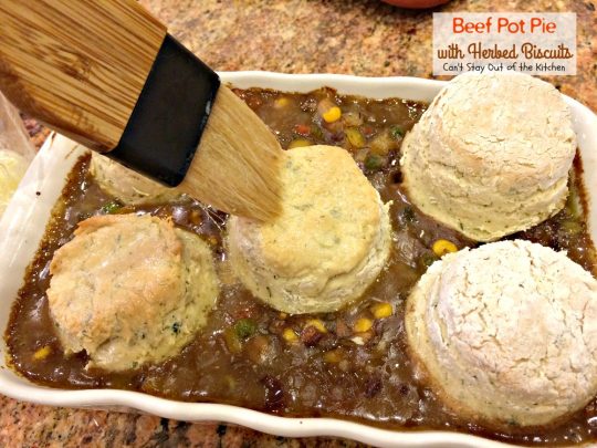 Beef Pot Pie with Herbed Biscuits | Can't Stay Out of the Kitchen | one of the most amazing and delicious #beefpotpie recipes you'll ever eat. These #homemade #biscuits are #glutenfree but you can use regular flour, too. #beef #veggies