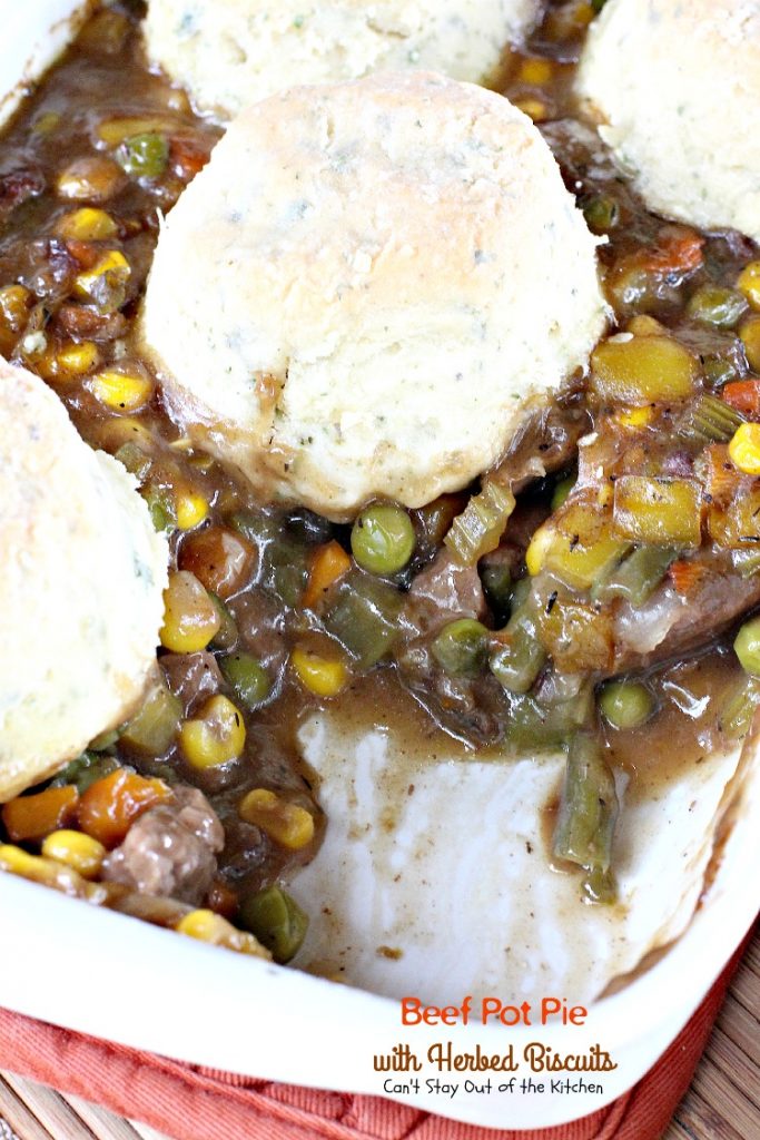 Beef Pot Pie with Herbed Biscuits | Can't Stay Out of the Kitchen | one of the most amazing and delicious #beefpotpie recipes you'll ever eat. These #homemade #biscuits are #glutenfree but you can use regular flour, too. #beef #veggies