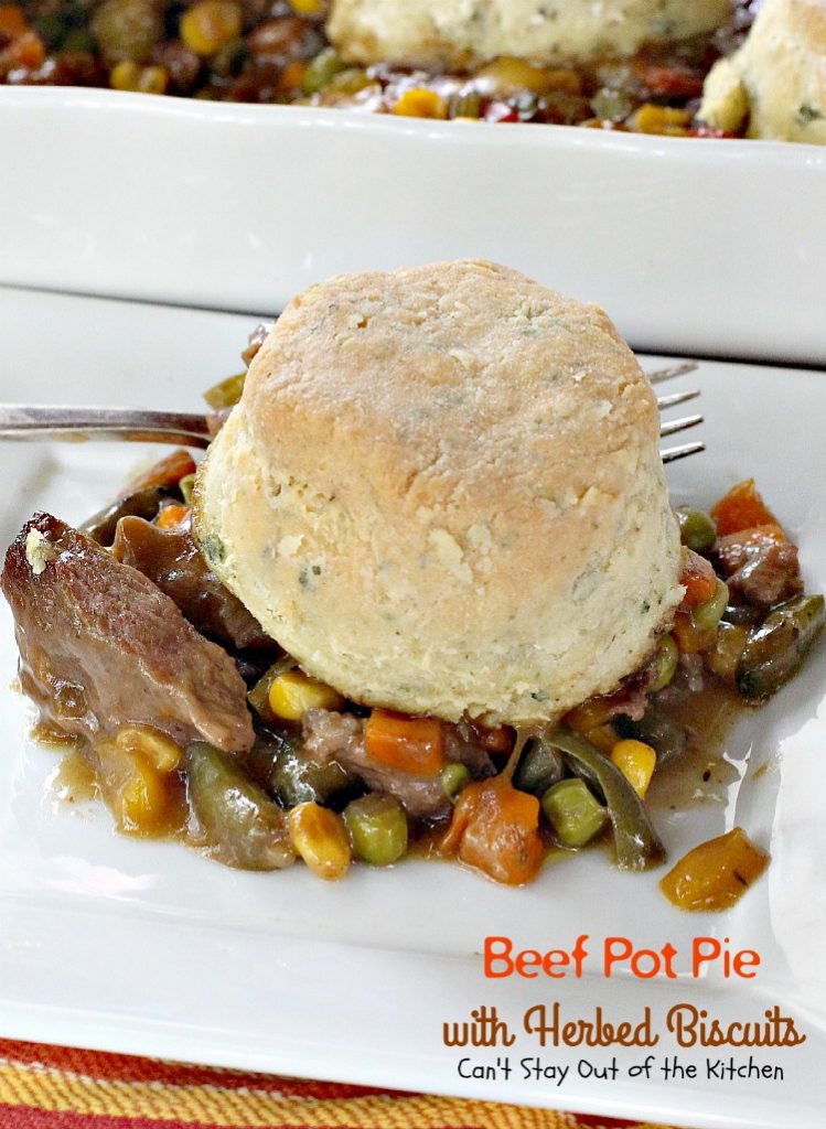 Beef Pot Pie with Herbed Biscuits | Can't Stay Out of the Kitchen | one of the most amazing and delicious #beefpotpie recipes you'll ever eat. These #homemade #biscuits are #glutenfree but you can use regular flour, too. #beef #veggies