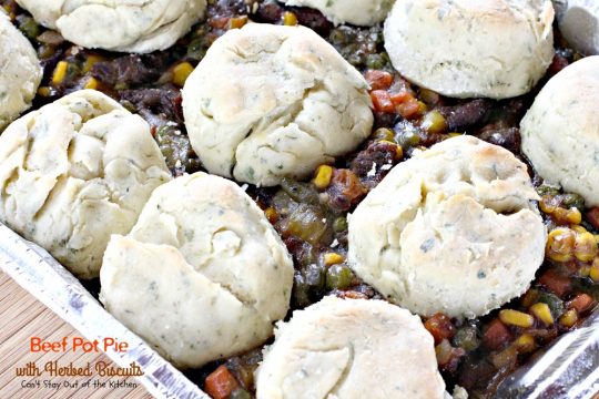 Beef Pot Pie with Herbed Biscuits | Can't Stay Out of the Kitchen | one of the most amazing and delicious #beefpotpie recipes you'll ever eat. These #homemade #biscuits are #glutenfree but you can use regular flour, too. #beef #veggies