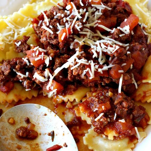 Beef Ragu with Ravioli | Can't Stay Out of the Kitchen | this fantastic #pasta entree can be ready to serve in about 40 minutes! Delicious #beef #recipe is kid-friendly & terrific for company or week night dinners when you're short on time. #GroundBeef #CheeseRavioli #BeefRaguWithRavioli #EasyWeeknightDinner