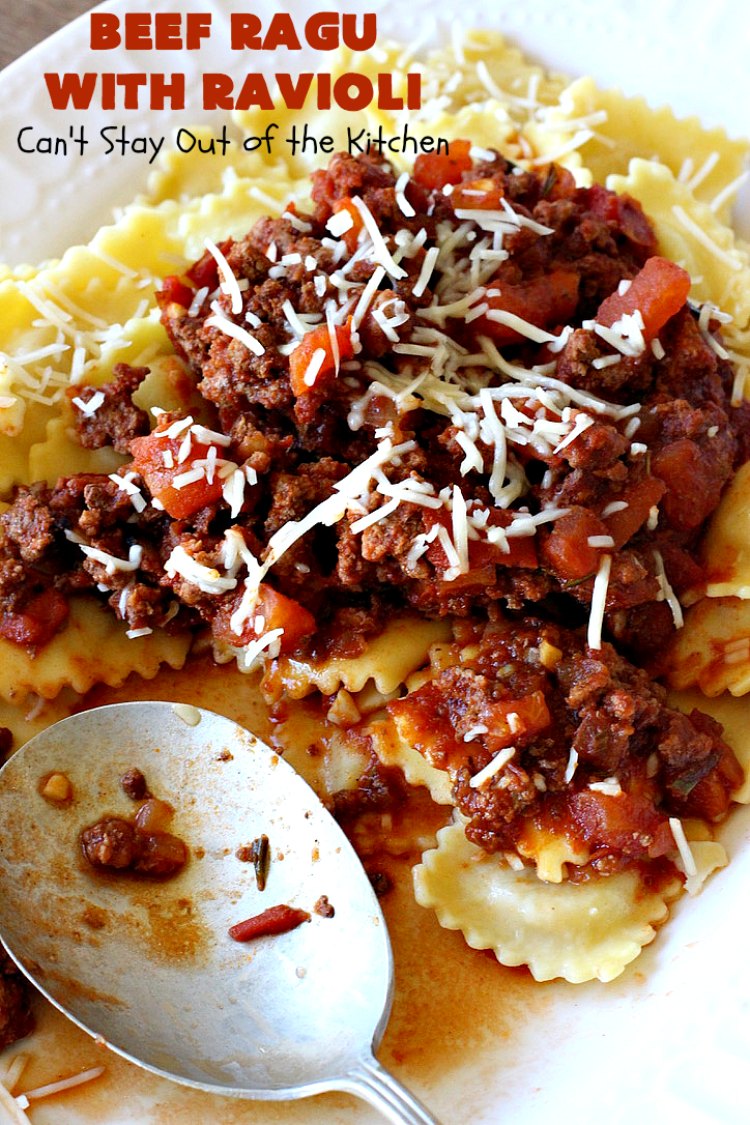 Beef Ragu with Ravioli | Can't Stay Out of the Kitchen | this fantastic #pasta entree can be ready to serve in about 40 minutes! Delicious #beef #recipe is kid-friendly & terrific for company or week night dinners when you're short on time. #GroundBeef #CheeseRavioli #BeefRaguWithRavioli #EasyWeeknightDinner