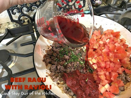 Beef Ragu with Ravioli | Can't Stay Out of the Kitchen | this fantastic #pasta entree can be ready to serve in about 40 minutes! Delicious #beef #recipe is kid-friendly & terrific for company or week night dinners when you're short on time. #GroundBeef #CheeseRavioli #BeefRaguWithRavioli #EasyWeeknightDinner