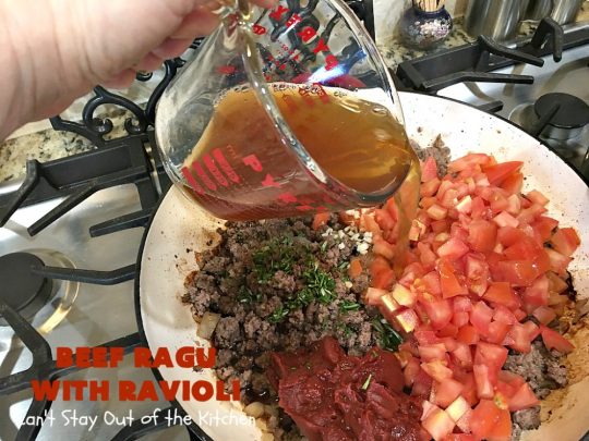 Beef Ragu with Ravioli | Can't Stay Out of the Kitchen | this fantastic #pasta entree can be ready to serve in about 40 minutes! Delicious #beef #recipe is kid-friendly & terrific for company or week night dinners when you're short on time. #GroundBeef #CheeseRavioli #BeefRaguWithRavioli #EasyWeeknightDinner