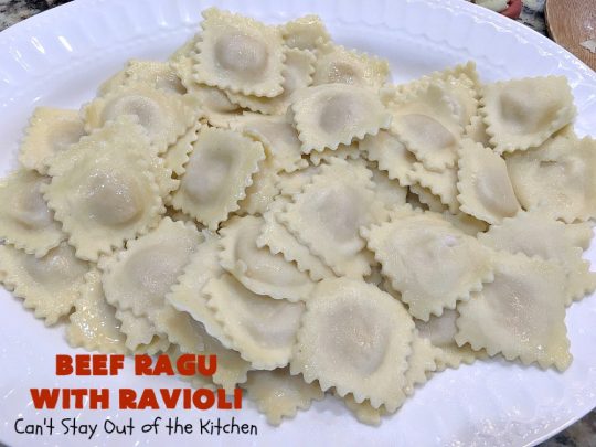 Beef Ragu with Ravioli | Can't Stay Out of the Kitchen | this fantastic #pasta entree can be ready to serve in about 40 minutes! Delicious #beef #recipe is kid-friendly & terrific for company or week night dinners when you're short on time. #GroundBeef #CheeseRavioli #BeefRaguWithRavioli #EasyWeeknightDinner