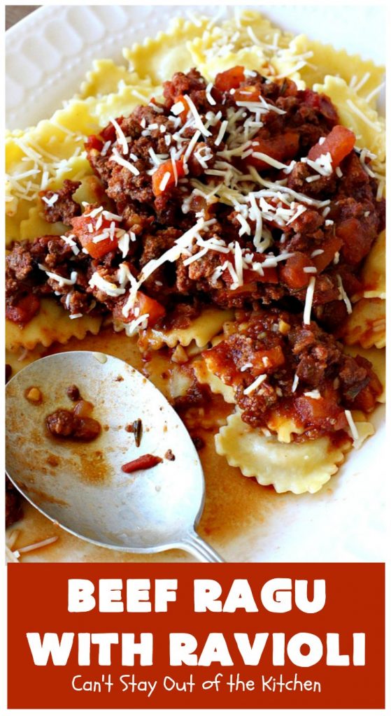 Beef Ragu with Ravioli | Can't Stay Out of the Kitchen | this fantastic #pasta entree can be ready to serve in about 40 minutes! Delicious #beef #recipe is kid-friendly & terrific for company or week night dinners when you're short on time. #GroundBeef #CheeseRavioli #BeefRaguWithRavioli #EasyWeeknightDinner