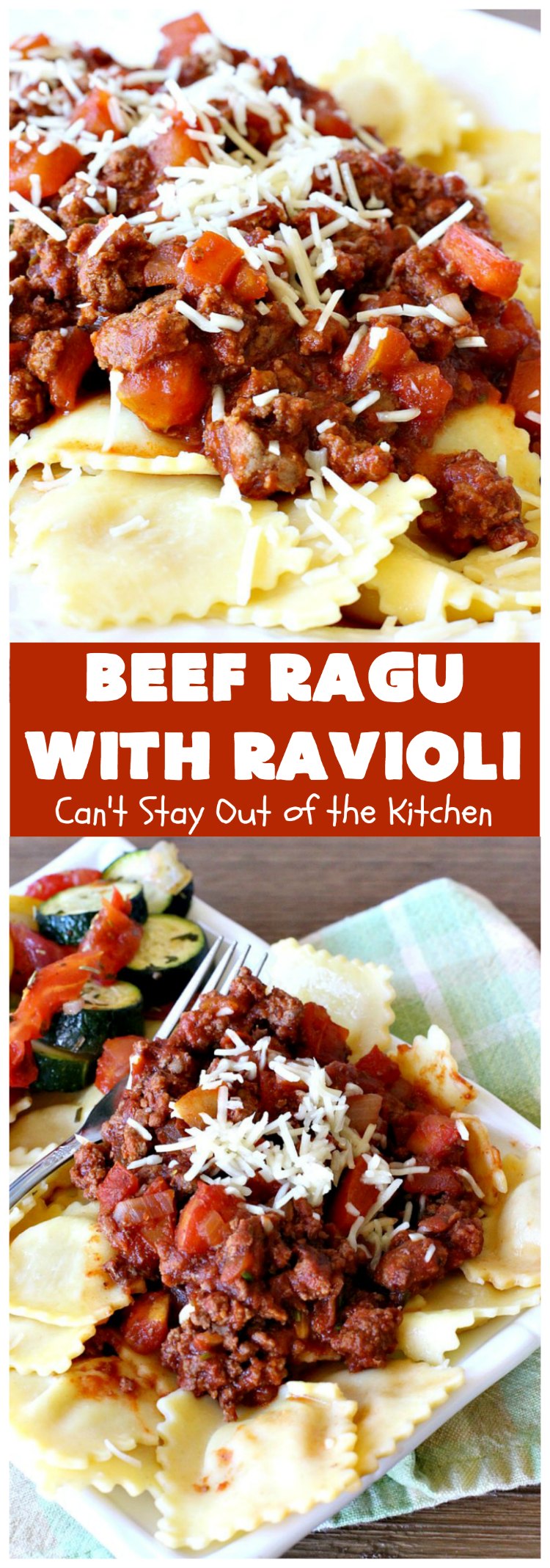 Beef Ragu with Ravioli | Can't Stay Out of the Kitchen | this fantastic #pasta entree can be ready to serve in about 40 minutes! Delicious #beef #recipe is kid-friendly & terrific for company or week night dinners when you're short on time. #GroundBeef #CheeseRavioli #BeefRaguWithRavioli #EasyWeeknightDinner