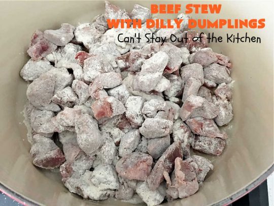 Beef Stew with Dilly Dumplings | Can't Stay Out of the Kitchen | Classic #BeefStew is teamed with some light and airy #DillyDumplings for an entree your whole family will enjoy. This mouthwatering meal is terrific anytime of the year but even more so in the fall or winter months. This sumptuous #stew is a stick-to-the-ribs meal that is irresistible. #beef #potatoes #carrots #dumplings #BeefStewWithDillyDumplings