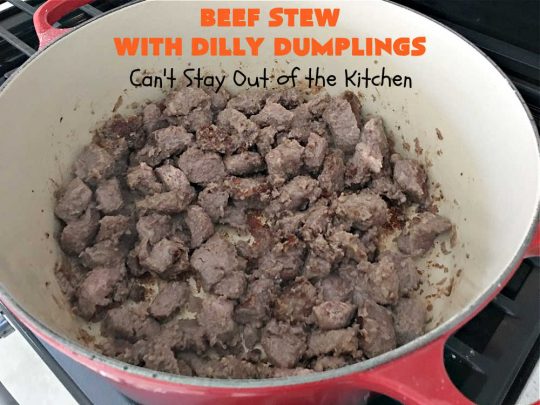 Beef Stew with Dilly Dumplings | Can't Stay Out of the Kitchen | Classic #BeefStew is teamed with some light and airy #DillyDumplings for an entree your whole family will enjoy. This mouthwatering meal is terrific anytime of the year but even more so in the fall or winter months. This sumptuous #stew is a stick-to-the-ribs meal that is irresistible. #beef #potatoes #carrots #dumplings #BeefStewWithDillyDumplings