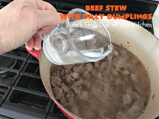 Beef Stew with Dilly Dumplings | Can't Stay Out of the Kitchen | Classic #BeefStew is teamed with some light and airy #DillyDumplings for an entree your whole family will enjoy. This mouthwatering meal is terrific anytime of the year but even more so in the fall or winter months. This sumptuous #stew is a stick-to-the-ribs meal that is irresistible. #beef #potatoes #carrots #dumplings #BeefStewWithDillyDumplings