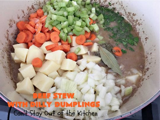 Beef Stew with Dilly Dumplings | Can't Stay Out of the Kitchen | Classic #BeefStew is teamed with some light and airy #DillyDumplings for an entree your whole family will enjoy. This mouthwatering meal is terrific anytime of the year but even more so in the fall or winter months. This sumptuous #stew is a stick-to-the-ribs meal that is irresistible. #beef #potatoes #carrots #dumplings #BeefStewWithDillyDumplings
