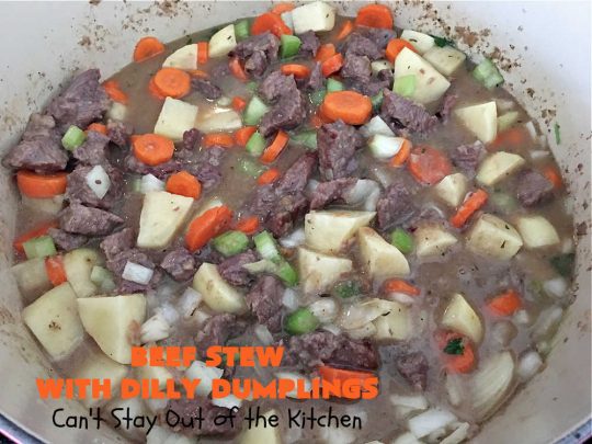 Beef Stew with Dilly Dumplings | Can't Stay Out of the Kitchen | Classic #BeefStew is teamed with some light and airy #DillyDumplings for an entree your whole family will enjoy. This mouthwatering meal is terrific anytime of the year but even more so in the fall or winter months. This sumptuous #stew is a stick-to-the-ribs meal that is irresistible. #beef #potatoes #carrots #dumplings #BeefStewWithDillyDumplings