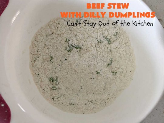 Beef Stew with Dilly Dumplings | Can't Stay Out of the Kitchen | Classic #BeefStew is teamed with some light and airy #DillyDumplings for an entree your whole family will enjoy. This mouthwatering meal is terrific anytime of the year but even more so in the fall or winter months. This sumptuous #stew is a stick-to-the-ribs meal that is irresistible. #beef #potatoes #carrots #dumplings #BeefStewWithDillyDumplings