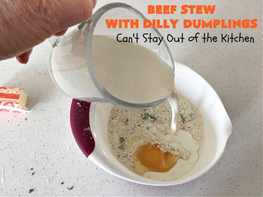 Beef Stew with Dilly Dumplings | Can't Stay Out of the Kitchen | Classic #BeefStew is teamed with some light and airy #DillyDumplings for an entree your whole family will enjoy. This mouthwatering meal is terrific anytime of the year but even more so in the fall or winter months. This sumptuous #stew is a stick-to-the-ribs meal that is irresistible. #beef #potatoes #carrots #dumplings #BeefStewWithDillyDumplings
