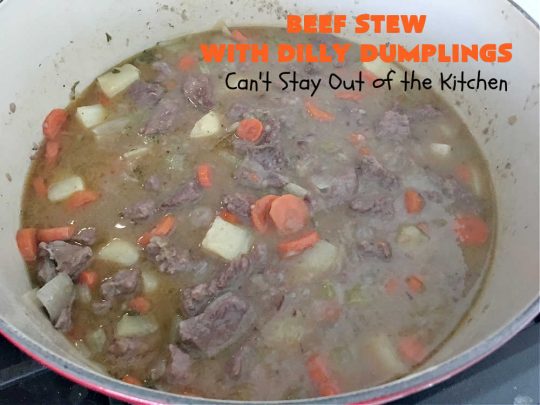 Beef Stew with Dilly Dumplings | Can't Stay Out of the Kitchen | Classic #BeefStew is teamed with some light and airy #DillyDumplings for an entree your whole family will enjoy. This mouthwatering meal is terrific anytime of the year but even more so in the fall or winter months. This sumptuous #stew is a stick-to-the-ribs meal that is irresistible. #beef #potatoes #carrots #dumplings #BeefStewWithDillyDumplings