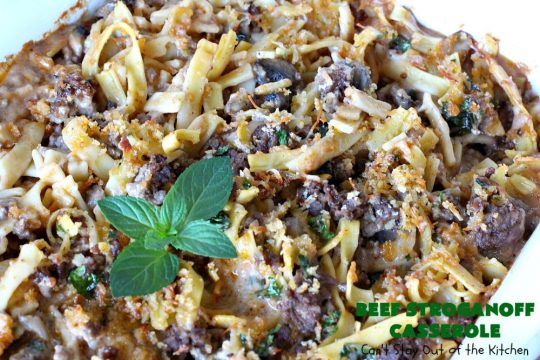 Beef Stroganoff Casserole | Can't Stay Out of the Kitchen | this is the perfect comfort food meal especially in fall or winter. If you enjoy #BeefStroganoff or #HamburgerStroganoff you'll love this irresistible #recipe. #AmishNoodles #GroundBeef #beef #Stroganoff #mushrooms #BeefStroganoffCasserole #MozzarellaCheese