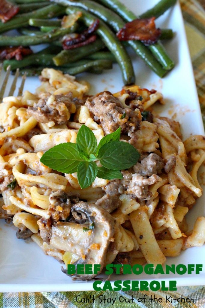 Beef Stroganoff Casserole | Can't Stay Out of the Kitchen | this is the perfect comfort food meal especially in fall or winter. If you enjoy #BeefStroganoff or #HamburgerStroganoff you'll love this irresistible #recipe. #AmishNoodles #GroundBeef #beef #Stroganoff #mushrooms #BeefStroganoffCasserole #MozzarellaCheese