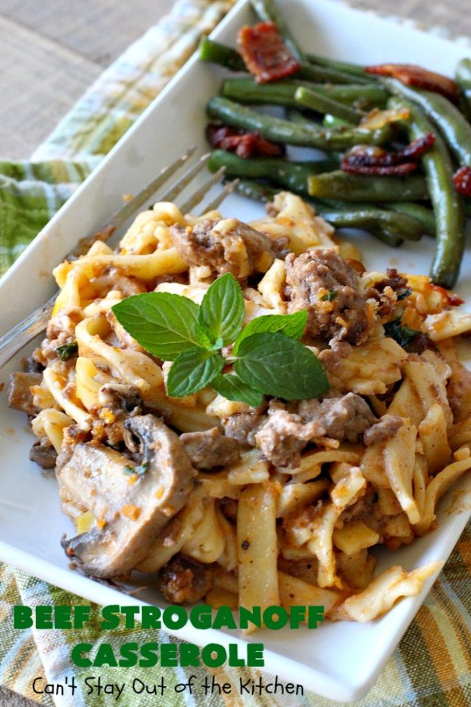 Beef Stroganoff Casserole | Can't Stay Out of the Kitchen | this is the perfect comfort food meal especially in fall or winter. If you enjoy #BeefStroganoff or #HamburgerStroganoff you'll love this irresistible #recipe. #AmishNoodles #GroundBeef #beef #Stroganoff #mushrooms #BeefStroganoffCasserole #MozzarellaCheese