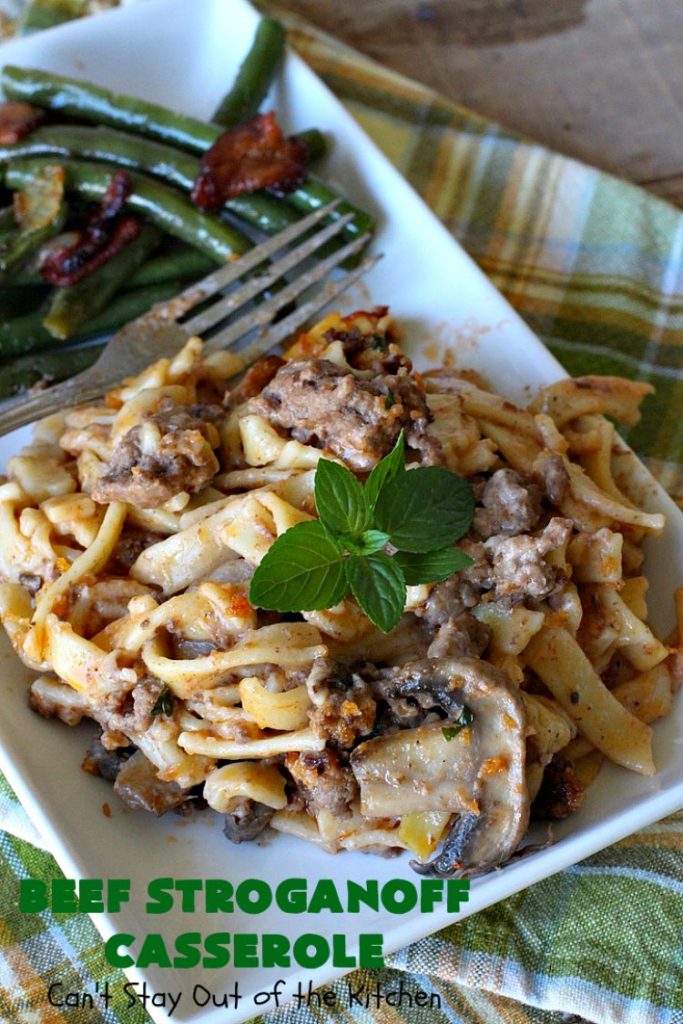 Beef Stroganoff Casserole | Can't Stay Out of the Kitchen | this is the perfect comfort food meal especially in fall or winter. If you enjoy #BeefStroganoff or #HamburgerStroganoff you'll love this irresistible #recipe. #AmishNoodles #GroundBeef #beef #Stroganoff #mushrooms #BeefStroganoffCasserole #MozzarellaCheese