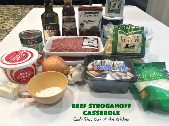 Beef Stroganoff Casserole | Can't Stay Out of the Kitchen | this is the perfect comfort food meal especially in fall or winter. If you enjoy #BeefStroganoff or #HamburgerStroganoff you'll love this irresistible #recipe. #AmishNoodles #GroundBeef #beef #Stroganoff #mushrooms #BeefStroganoffCasserole #MozzarellaCheese
