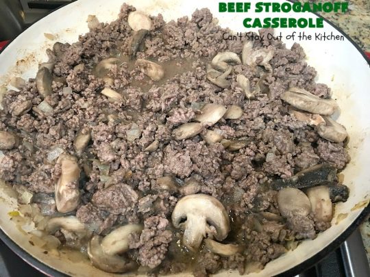 Beef Stroganoff Casserole | Can't Stay Out of the Kitchen | this is the perfect comfort food meal especially in fall or winter. If you enjoy #BeefStroganoff or #HamburgerStroganoff you'll love this irresistible #recipe. #AmishNoodles #GroundBeef #beef #Stroganoff #mushrooms #BeefStroganoffCasserole #MozzarellaCheese