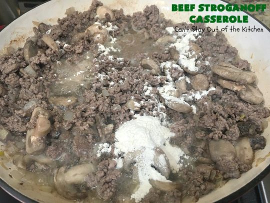 Beef Stroganoff Casserole | Can't Stay Out of the Kitchen | this is the perfect comfort food meal especially in fall or winter. If you enjoy #BeefStroganoff or #HamburgerStroganoff you'll love this irresistible #recipe. #AmishNoodles #GroundBeef #beef #Stroganoff #mushrooms #BeefStroganoffCasserole #MozzarellaCheese