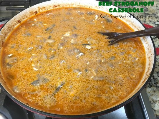 Beef Stroganoff Casserole | Can't Stay Out of the Kitchen | this is the perfect comfort food meal especially in fall or winter. If you enjoy #BeefStroganoff or #HamburgerStroganoff you'll love this irresistible #recipe. #AmishNoodles #GroundBeef #beef #Stroganoff #mushrooms #BeefStroganoffCasserole #MozzarellaCheese