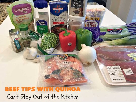 Beef Tips with Quinoa | Can't Stay Out of the Kitchen | sumptuous #beef entree that's made in the #crockpot! Made with #quinoa, #RoundSteak and lots of veggies. We loved this recipe. #healthy #GlutenFree #BeefTips #BeefTipsWithQuinoa #SlowCooker