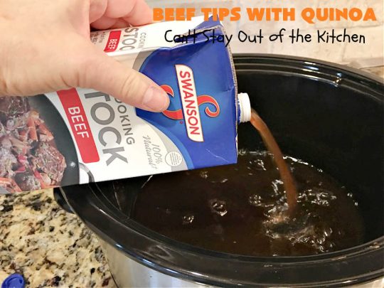 Beef Tips with Quinoa | Can't Stay Out of the Kitchen | sumptuous #beef entree that's made in the #crockpot! Made with #quinoa, #RoundSteak and lots of veggies. We loved this recipe. #healthy #GlutenFree #BeefTips #BeefTipsWithQuinoa #SlowCooker