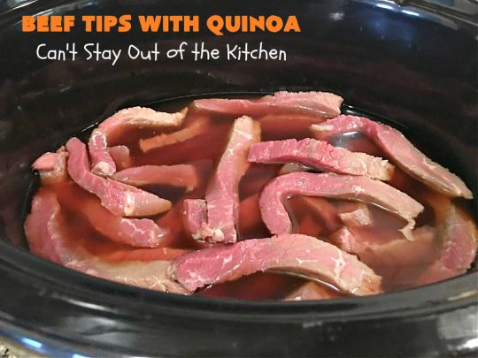 Beef Tips with Quinoa | Can't Stay Out of the Kitchen | sumptuous #beef entree that's made in the #crockpot! Made with #quinoa, #RoundSteak and lots of veggies. We loved this recipe. #healthy #GlutenFree #BeefTips #BeefTipsWithQuinoa #SlowCooker