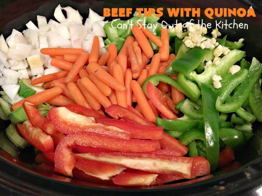 Beef Tips with Quinoa | Can't Stay Out of the Kitchen | sumptuous #beef entree that's made in the #crockpot! Made with #quinoa, #RoundSteak and lots of veggies. We loved this recipe. #healthy #GlutenFree #BeefTips #BeefTipsWithQuinoa #SlowCooker