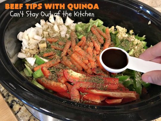 Beef Tips with Quinoa | Can't Stay Out of the Kitchen | sumptuous #beef entree that's made in the #crockpot! Made with #quinoa, #RoundSteak and lots of veggies. We loved this recipe. #healthy #GlutenFree #BeefTips #BeefTipsWithQuinoa #SlowCooker