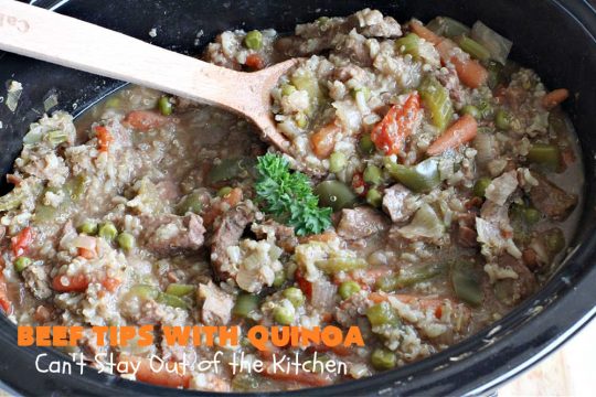 Beef Tips with Quinoa | Can't Stay Out of the Kitchen | sumptuous #beef entree that's made in the #crockpot! Made with #quinoa, #RoundSteak and lots of veggies. We loved this recipe. #healthy #GlutenFree #BeefTips #BeefTipsWithQuinoa #SlowCooker