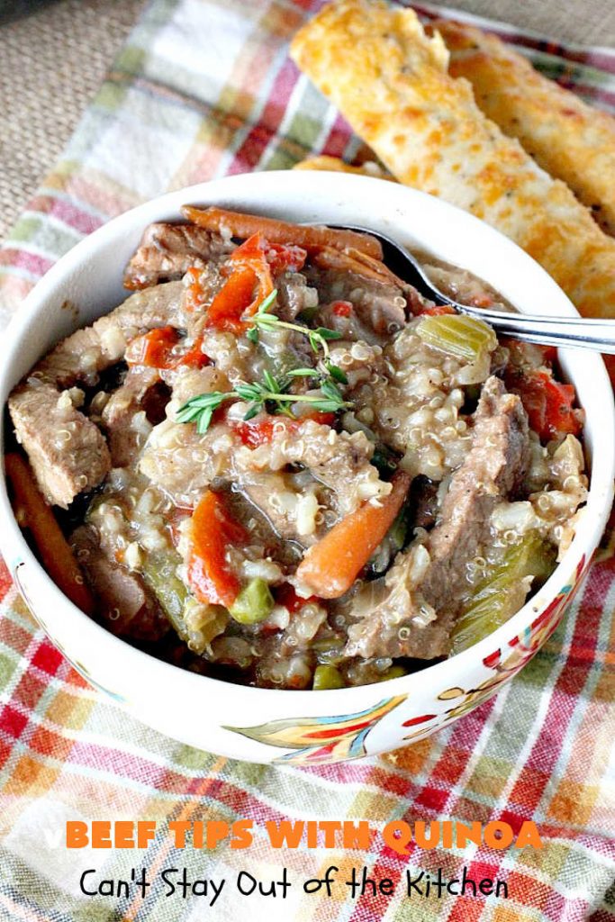 Beef Tips with Quinoa | Can't Stay Out of the Kitchen | sumptuous #beef entree that's made in the #crockpot! Made with #quinoa, #RoundSteak and lots of veggies. We loved this recipe. #healthy #GlutenFree #BeefTips #BeefTipsWithQuinoa #SlowCooker