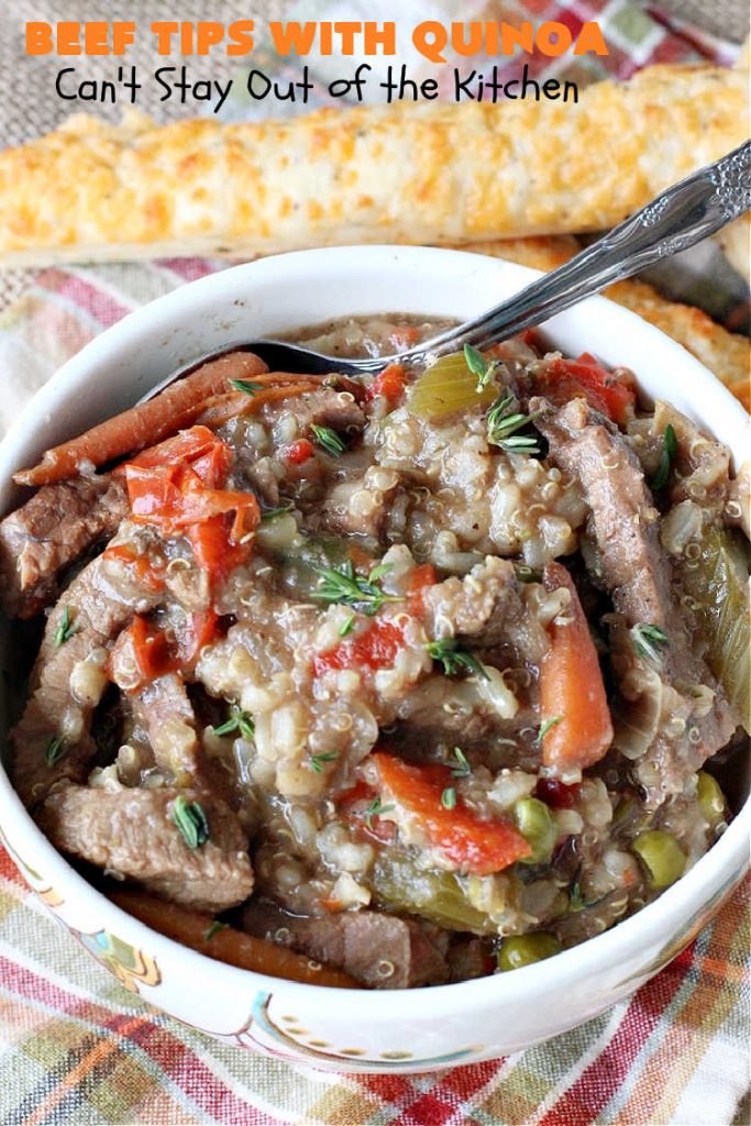 Beef Tips with Quinoa | Can't Stay Out of the Kitchen | sumptuous #beef entree that's made in the #crockpot! Made with #quinoa, #RoundSteak and lots of veggies. We loved this recipe. #healthy #GlutenFree #BeefTips #BeefTipsWithQuinoa #SlowCooker