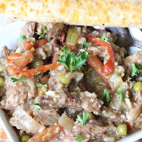 Beef Tips with Quinoa | Can't Stay Out of the Kitchen | sumptuous #beef entree that's made in the #crockpot! Made with #quinoa, #RoundSteak and lots of veggies. We loved this recipe. #healthy #GlutenFree #BeefTips #BeefTipsWithQuinoa #SlowCooker